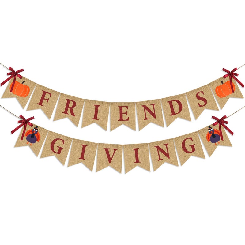 Partyprops Friendsgiving Banner Burlap | Thanksgiving Decorations | Thanks Giving Burlap Banner | Rustic Friends Giving Turkey Pumpkin Bunting for Thanksgiving Party Supplies Fireplace Mantle Decor - Image 1